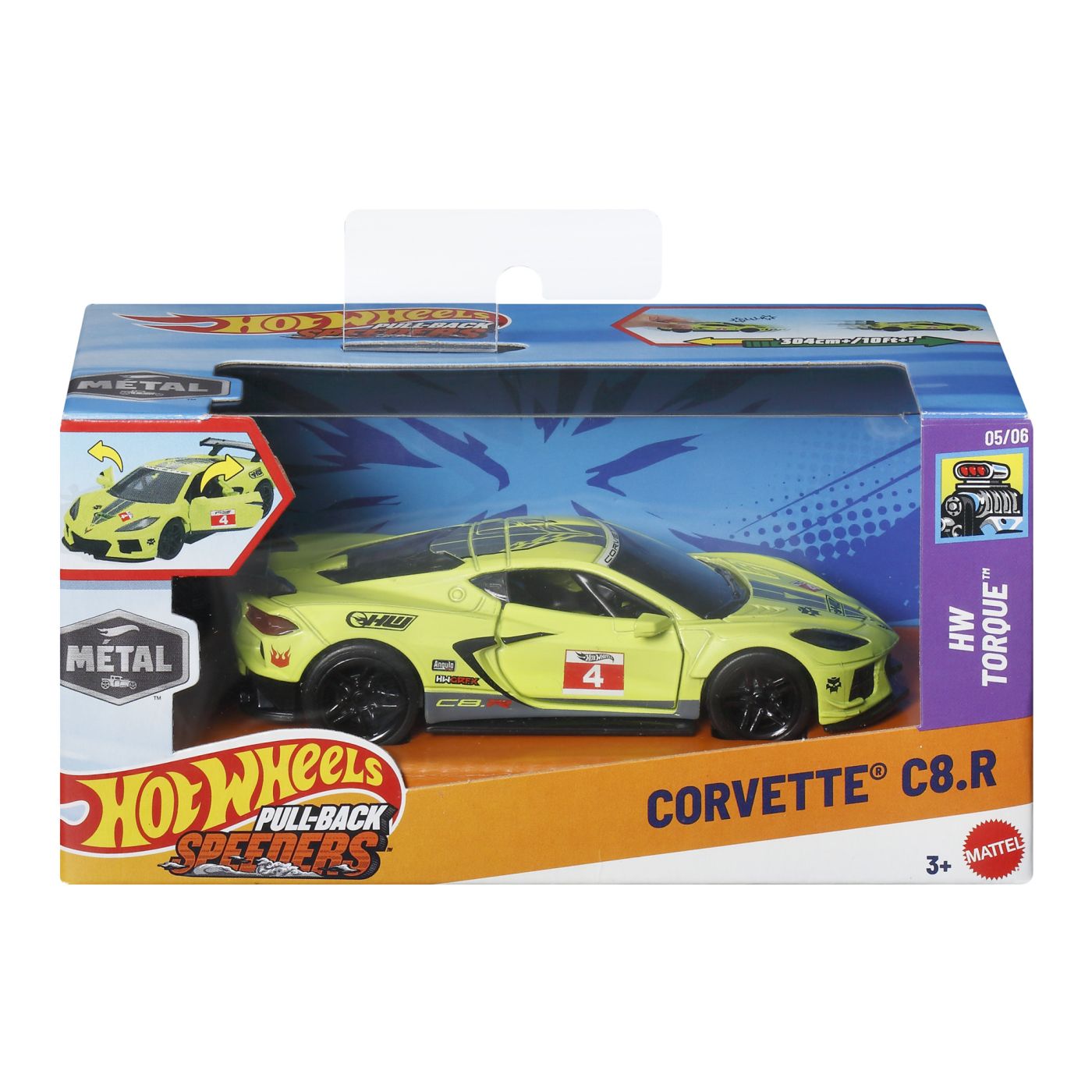 Hot Wheels Masinuta Metalica Cu Sistem Pull Back Corvette C8.R Hw Torque Scara 1 La 43