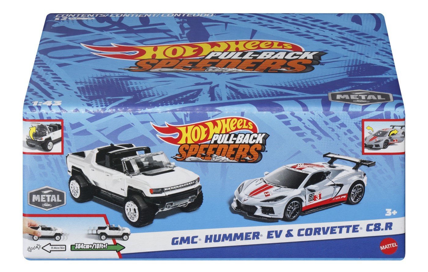 Hot Wheels Set 2 Masinute Metalice Pull Back Gmc Hummer Ev Si Corvette C8R 1:43