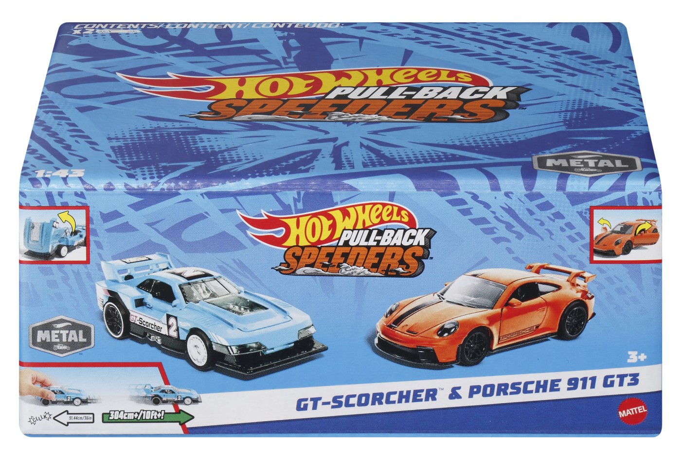 Hot Wheels Set 2 Masinute Metalice Pull Back Gt-Scorcher Si Porsche 911 GT3 1:43