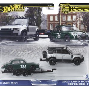 HOT WHEELS TRANSPORTATOR LAND ROVER DEFENDER 110 2023 CU MASINUTA JAGUAR MK1 SCARA 1 LA 64