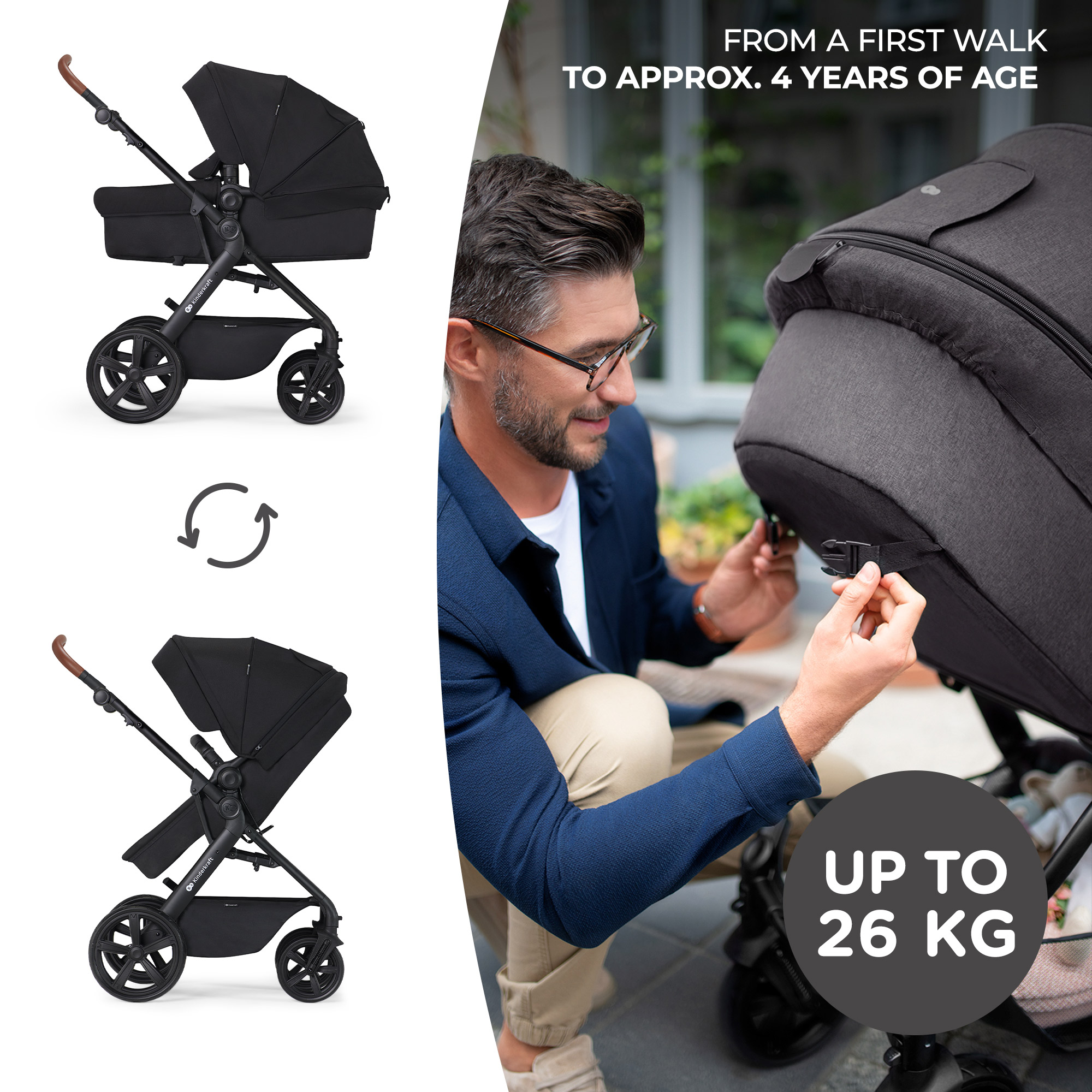 KINDERKRAFT MULTIFUNCTIONAL STROLLER A TOUR 3IN1 MINK PRO BLACK