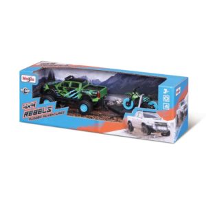 MAISTO MASINUTA METALICA 4X4 REBELS RUGGED ADVENTURES CU REMORCA VERDE