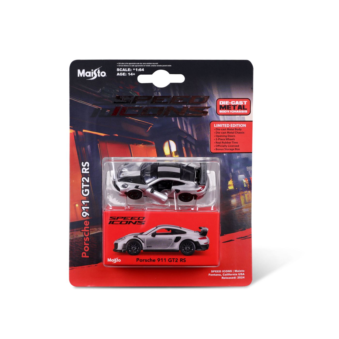 MAISTO MASINUTA METALICA SPEED ICONS PORSCHE 911 GT2 RS SILVER BLACK SCARA 1 LA 64