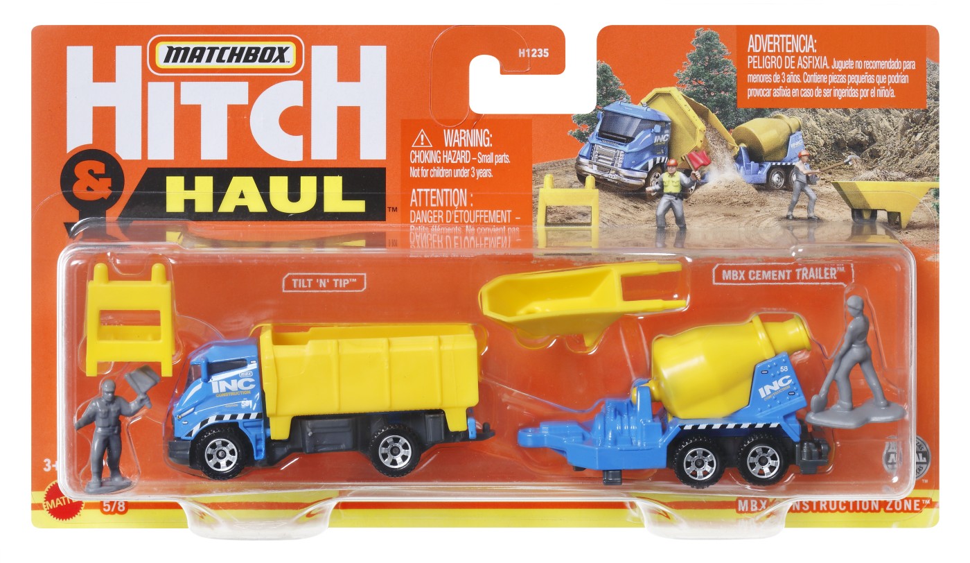 Matchbox Hitch&Haul Set 2 Vehicule Mbx Construction Zone Tilt N Tip Mbx Cement Trailer Scara 1:64