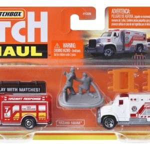 MATCHBOX HITCH&HAUL SET 2 VEHICULE MBX FIRE RESCUE HAZARD SQUAD MBX AMBULANCE SCARA 1:64