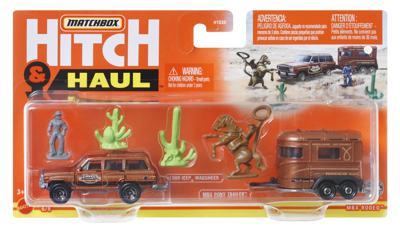 Matchbox Hitch&Haul Set 2 Vehicule Mbx Rodeo 1988 Jeep Wagoneer Mbx Pony Trailer Scara 1:64