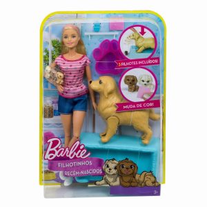 PAPUSA BARBIE BLONDA CU CATELUSA SI PUII EI