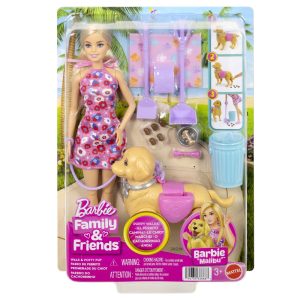 BARBIE FAMILY AND FRIENDS SET PAPUSA BARBIE MALIBU PLIMBARE CU CATELUL