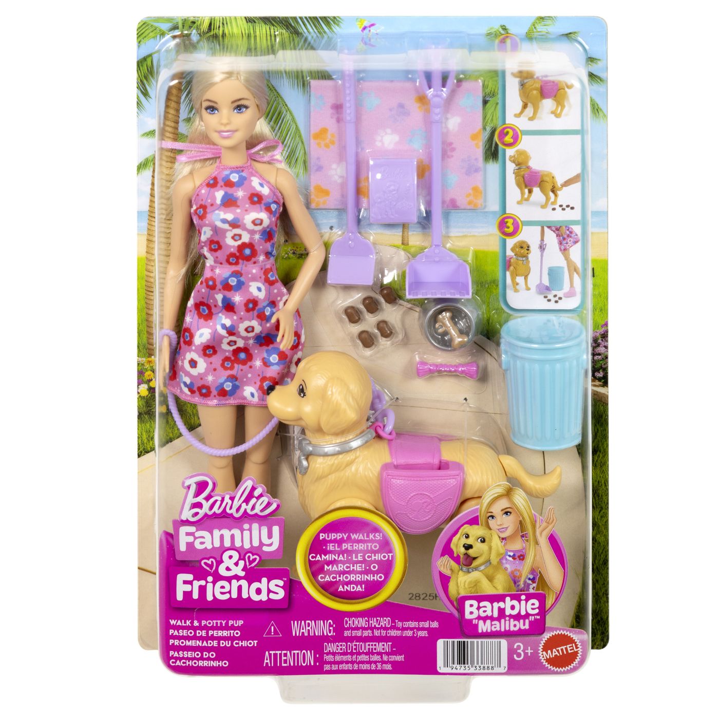 BARBIE FAMILY AND FRIENDS SET PAPUSA BARBIE MALIBU PLIMBARE CU CATELUL