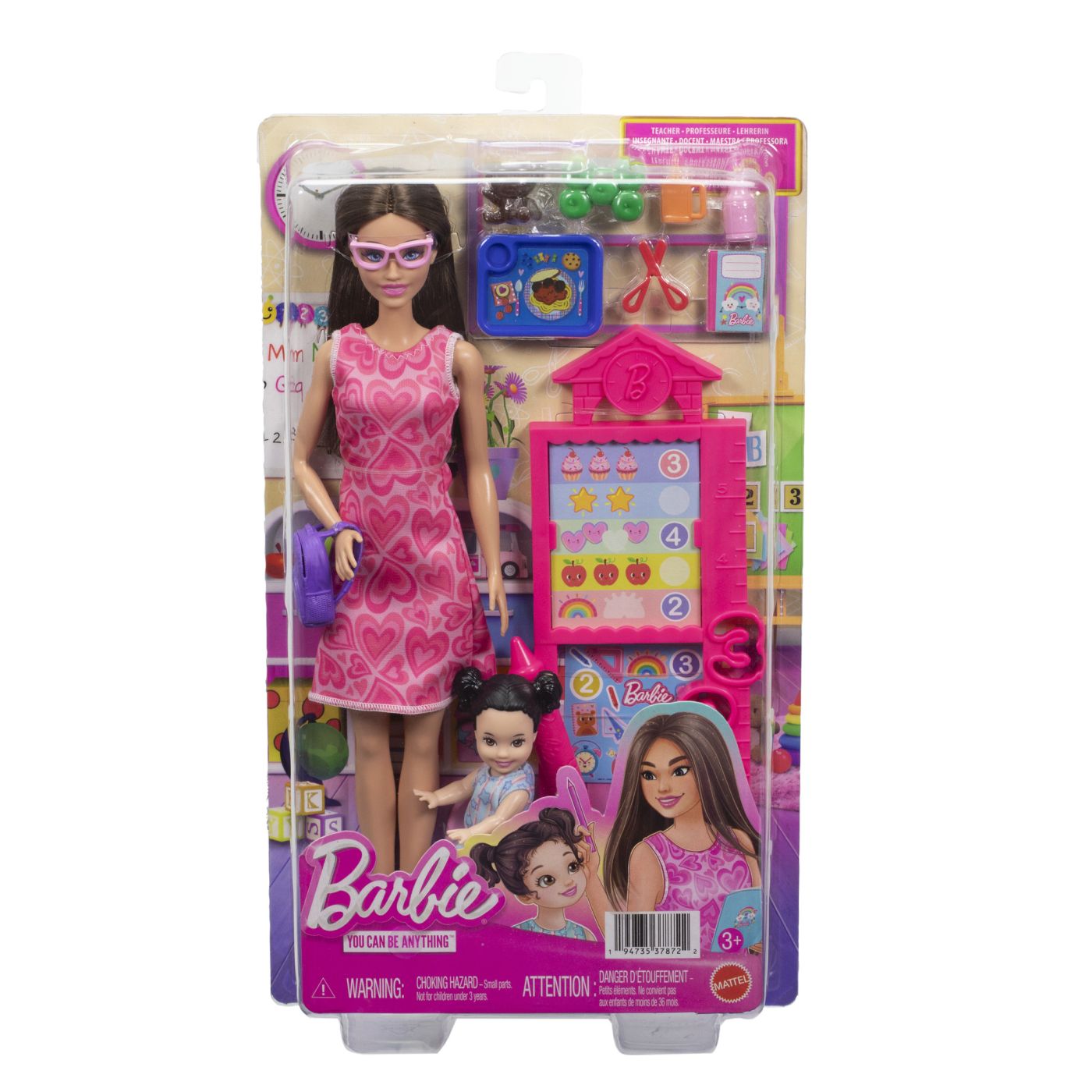Barbie Set De Joaca Papusa Barbie Bruneta Cu Rochie Roz Face Cariera Profesoara