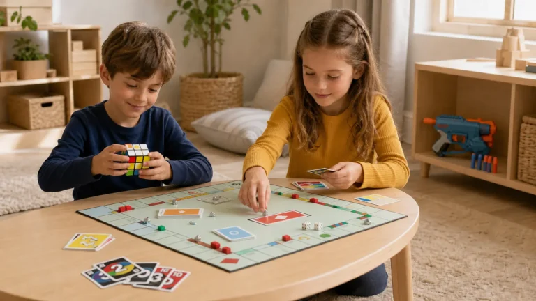 Doi copii de 7-8 ani jucându-se cu un cub logic, cărți și un joc de societate
