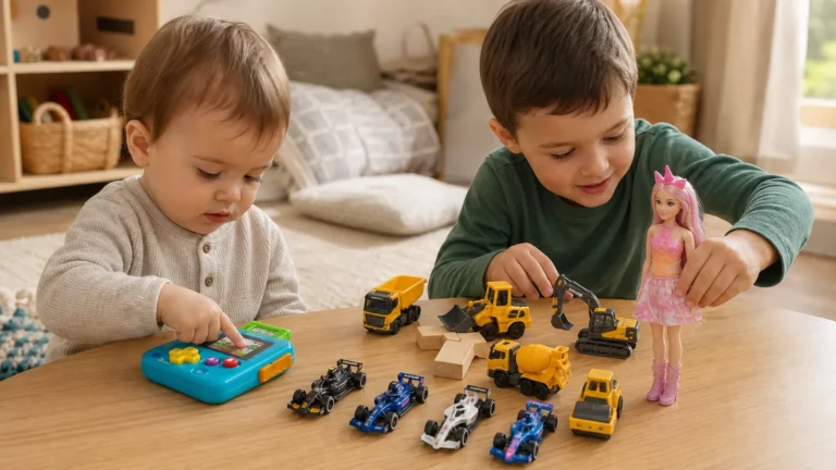 Doi copii jucându-se cu mașinuțe Formula 1, utilaje, păpușă și consolă, idei de cadouri sub 100 lei
