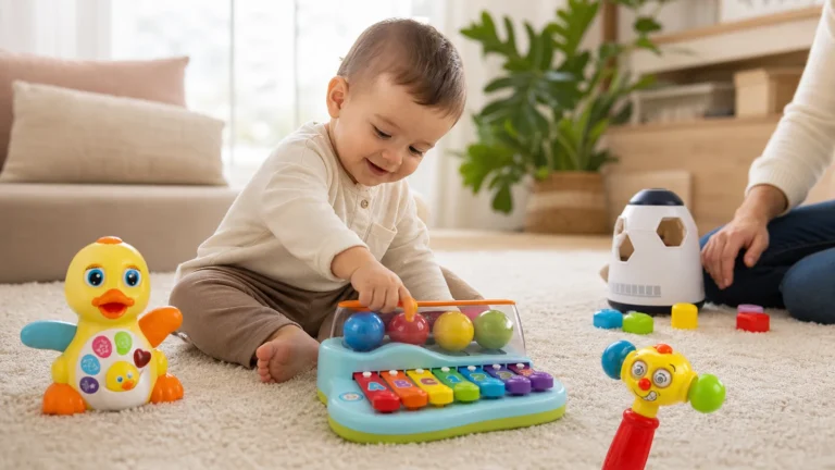 Copil de 1 an jucându-se cu rățușca, xilofonul și jucării educative