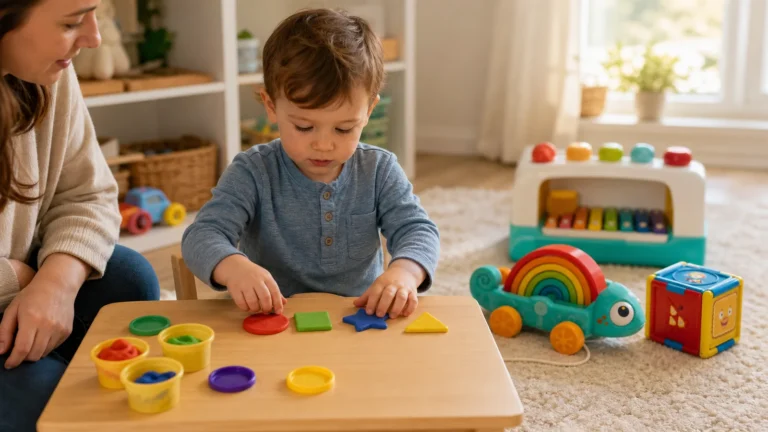 Copil de 2 ani jucându-se cu plastilină, cameleonul curcubeu și cubul logic