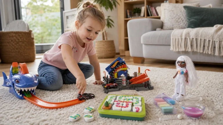 Copil de 4 ani jucându-se cu mașinuțe, puzzle logic și păpușă creativă