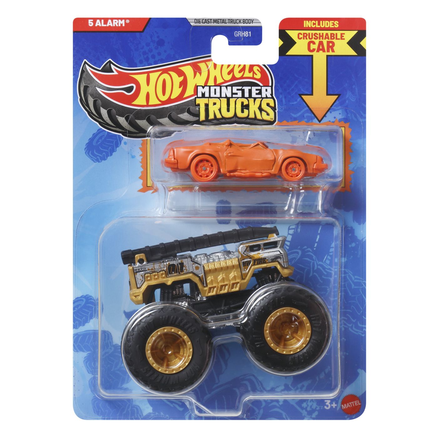 Hot Wheels Monster Truck Si Masinuta Metalica 5 Alarm Auriu