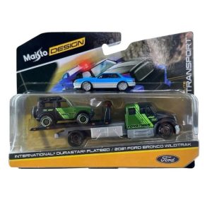 MAISTO DESIGN ELITE TRANSPORT SET CAMION CU RAMPA INTERNATIONAL DURASTAR FLATBED SI MASINUTA FORD BRONCO WILDTRAK 2021 SCARA 1 LA 64