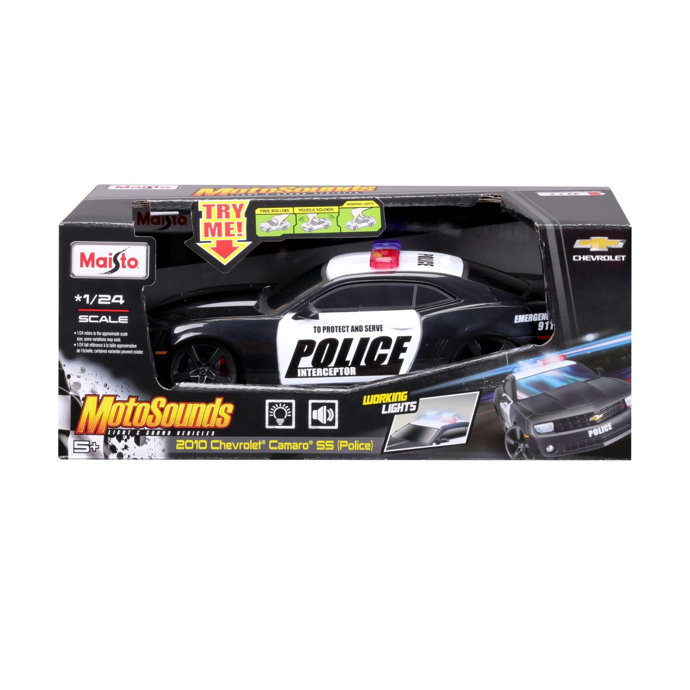 MAISTO MOTOSOUNDS MASINUTA CHEVROLET CAMARO SS 2010 DE POLITIE CU SUNETE SI LUMINI SCARA 1 LA 24