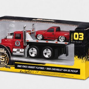 MAISTO MUSCLE TRANSPORTS SET CAMION CU PLATFORMA MACK R685ST FLATBED 1980 SI MASINUTA CHEVROLET 454 SS PICKUP 1993 SCARA 1 LA 64