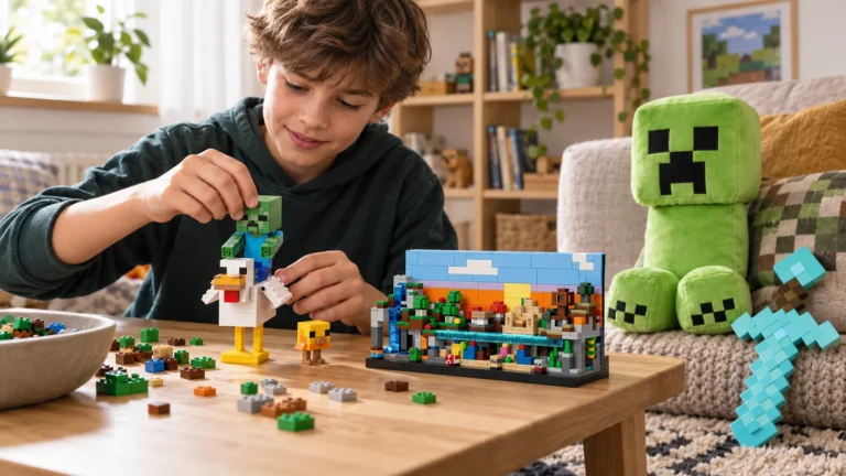 Copil jucându-se cu seturi LEGO Minecraft, pluș Creeper și sabie de diamant într-un living luminos