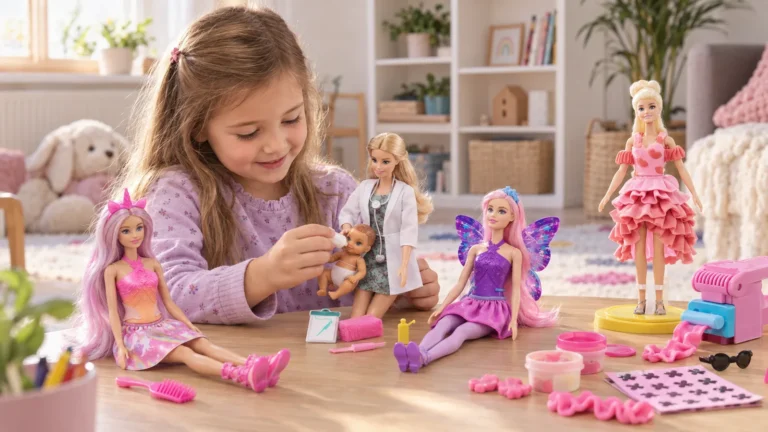 Fetiță jucându-se cu păpuși Barbie unicorn, zână, medic pediatru și set creativ Play-Doh