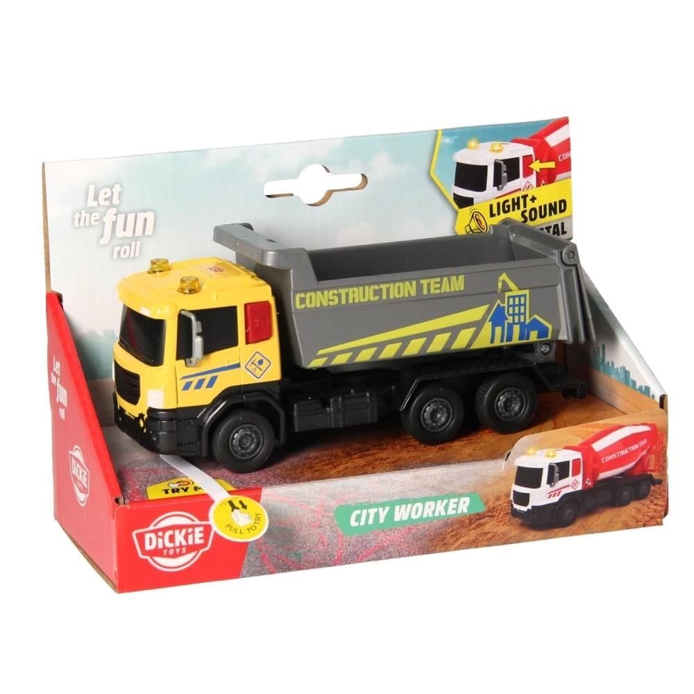 Dickie Toys City Worker Vehicul De Constructii Cu Lumini Si Sunete Camion Galben 17CM