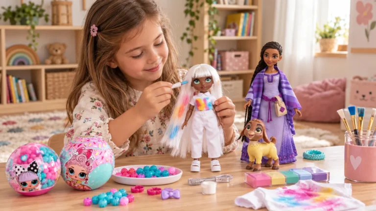 Copil de 6 ani personalizând o păpușă Rainbow High, alături de Asha, Valentino și păpuși L.O.L.