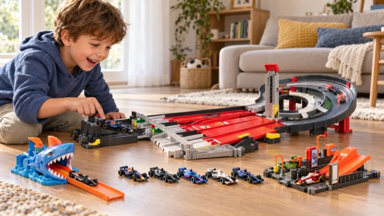Copil jucându-se cu mașinuțe Formula 1, lansator cu rechin și circuit Hot Wheels