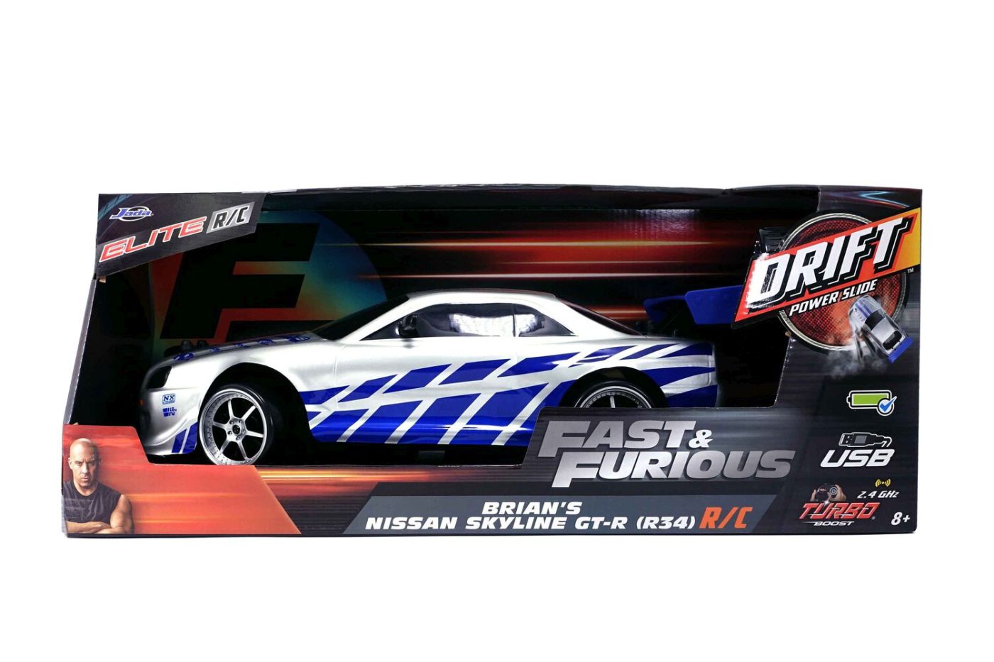 Jada Elite Fast And Furious Masinuta RC Cu Telecomanda Brian Nissan Skyline Gtr R34 Scara 1 La 10