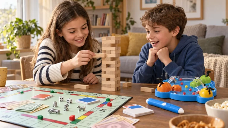 Doi copii de 8–10 ani jucând Jenga, Monopoly, Hipopotami Flămânzi și Pictionary Air 2 la masa din living