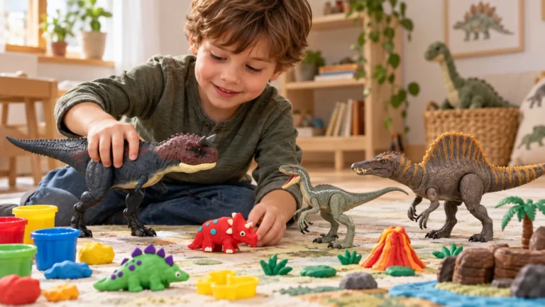 Copil de 6 ani jucându-se cu figurine Carnotaurus, Velociraptor și Spinosaurus și modelând dinozauri din plastilină