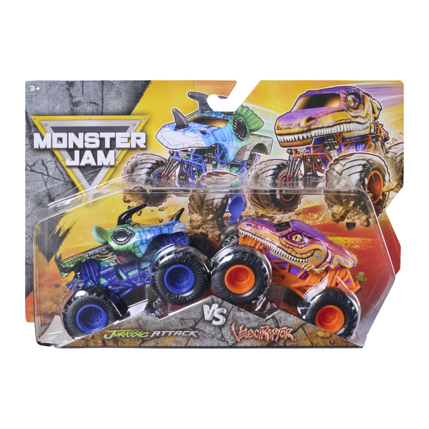 Monster Jam Set 2 Masinute Metalice Jurassic Attack Si Velociraptor Scara 1 La 64
