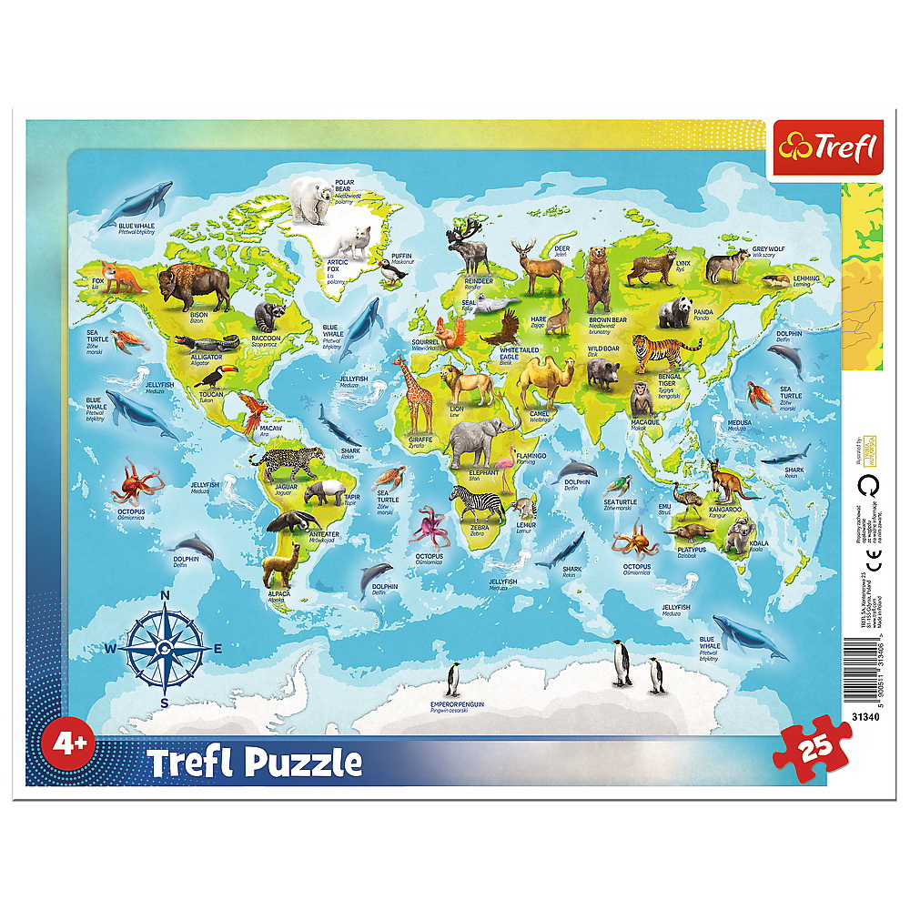 Puzzle 25 Plansa Harta Lumii Cu Animale