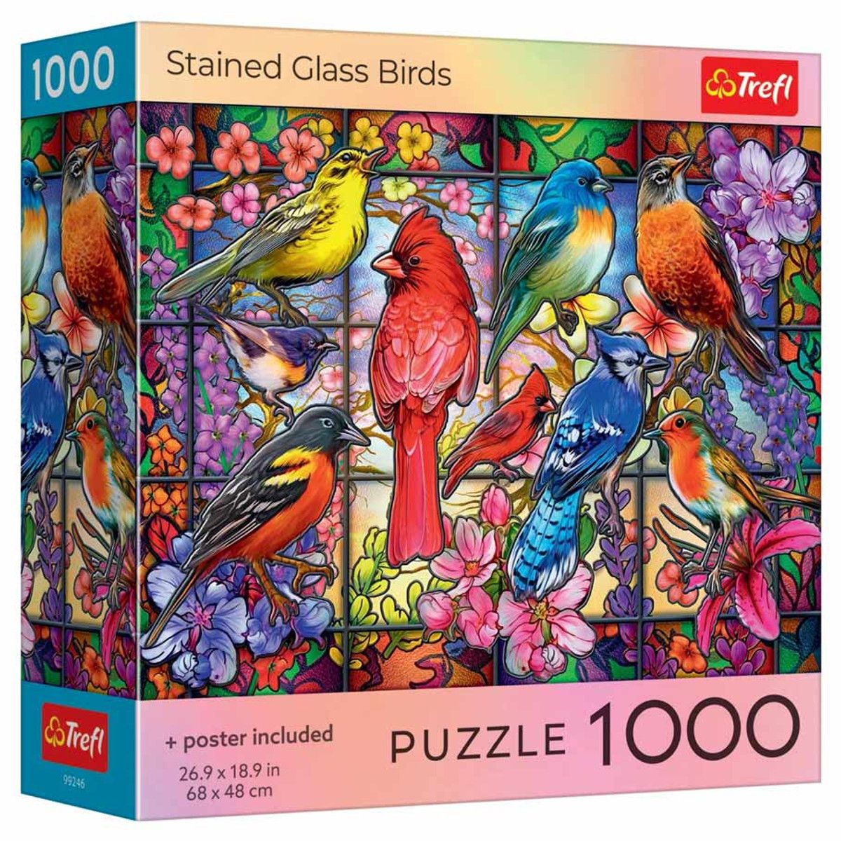 Puzzle Trefl 1000 Pasari Din Vitraliu Cu Poster Inclus